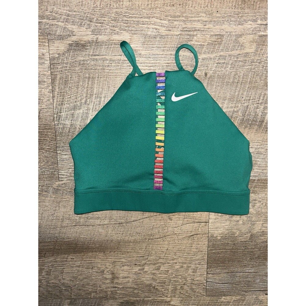 Nike Dri-FIT Indy Rainbow Ladder Sports Bra Green High Neck Light Support XS